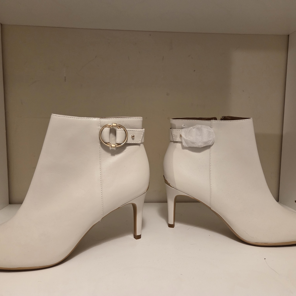 Calvin Klein White Heeled Boots with Silver Buckle
